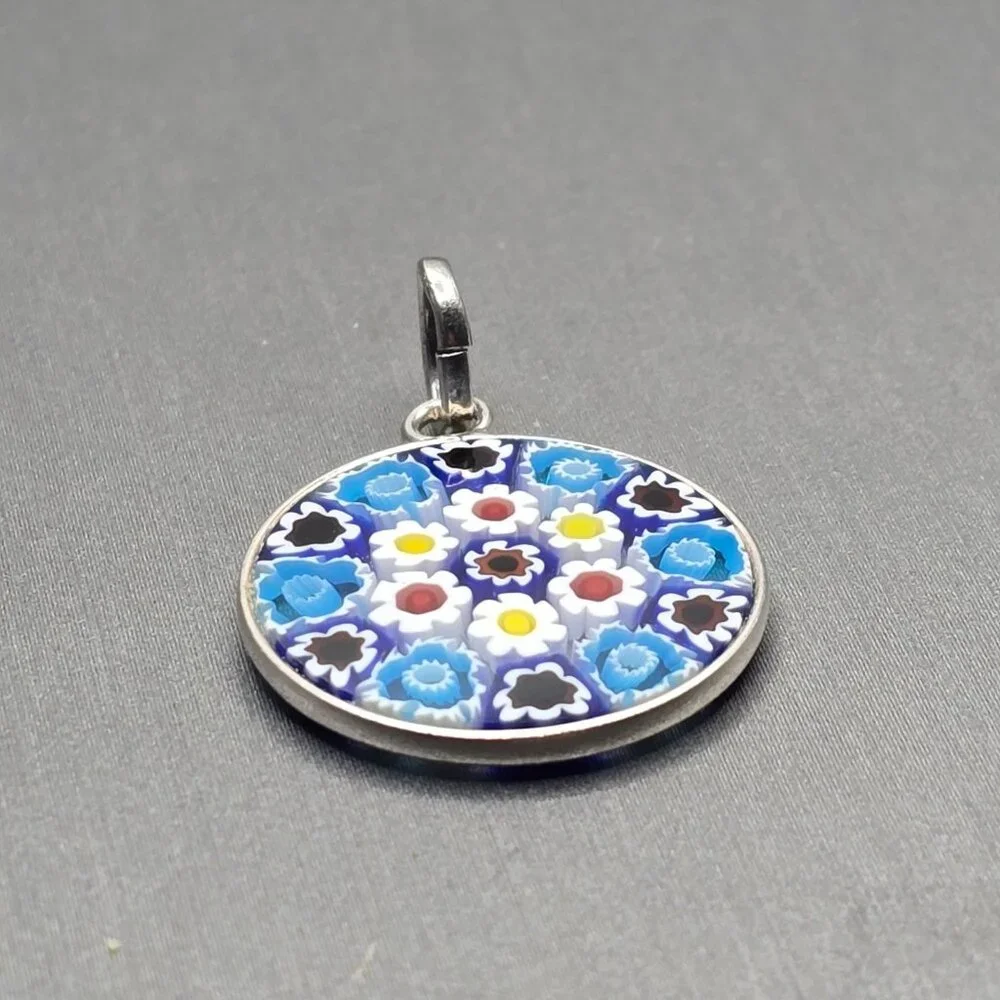 Murano Glass Millefiori Pendant 1" Sterling Silver Blue White Italy Signed PD - Picture 4 of 9